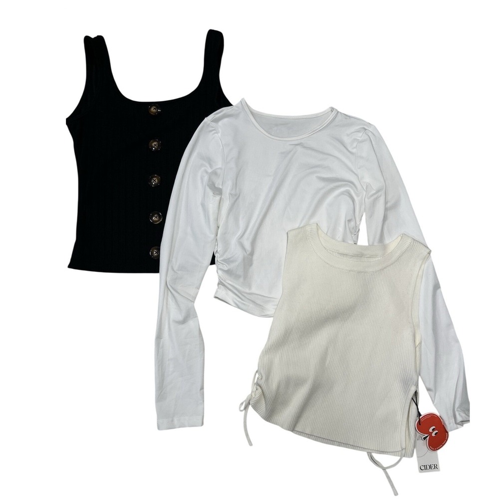 Cider & Shein Women 3 PC Crop Top Bundle Black Tank White Long Sleeve Cream Tank
